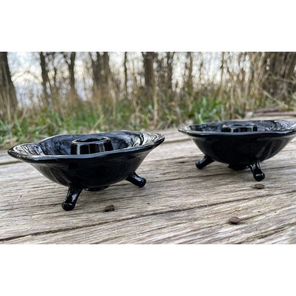 Vintage Pair Black Amethyst Glass 3 Footed Candlestick Holders - Picture 1 of 11